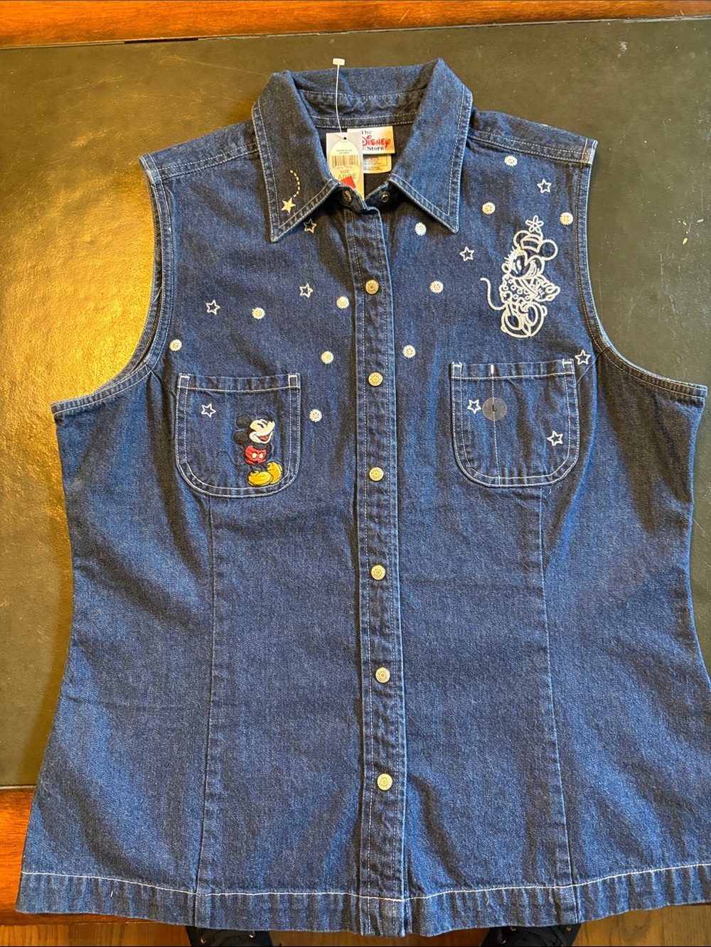 Disney Dark Blue Denim Sleeveless Shirt with Mickey & Minnie Embroidery